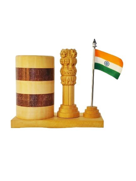 Ashoka Pillar Tabletop Pen Holder crafted in white wood with India Flag thumbnail 3